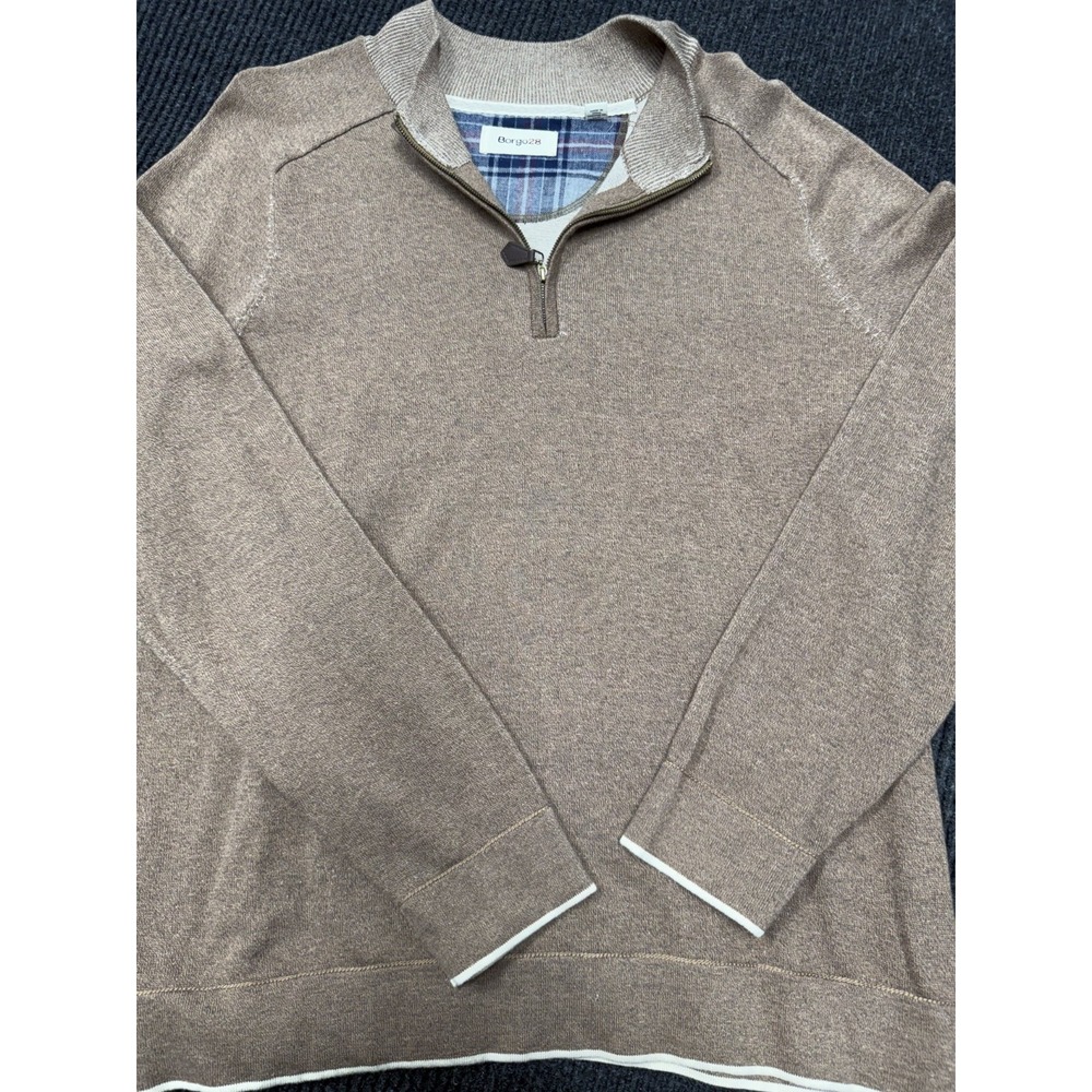 Borgo28 Men's Large Quarter Zip Sweater Brown Taupe Stone Washed 100% Cotton